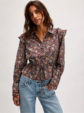 Free People Floral Ruffle Tie Waist Button Front Blouse Top Size L